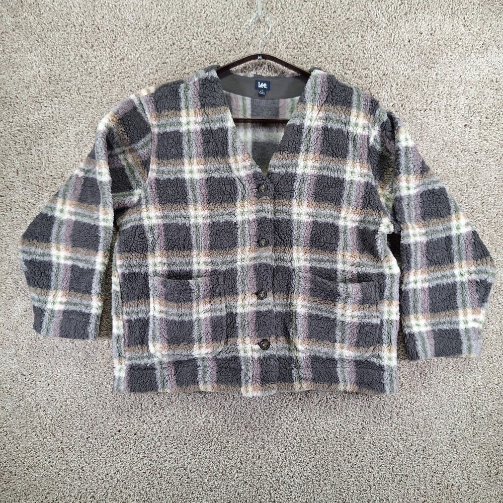 Lee Cardigan Sweater Women XL Gray Plaid Sherpa Fleece Button Up Cozy Gorpcore
